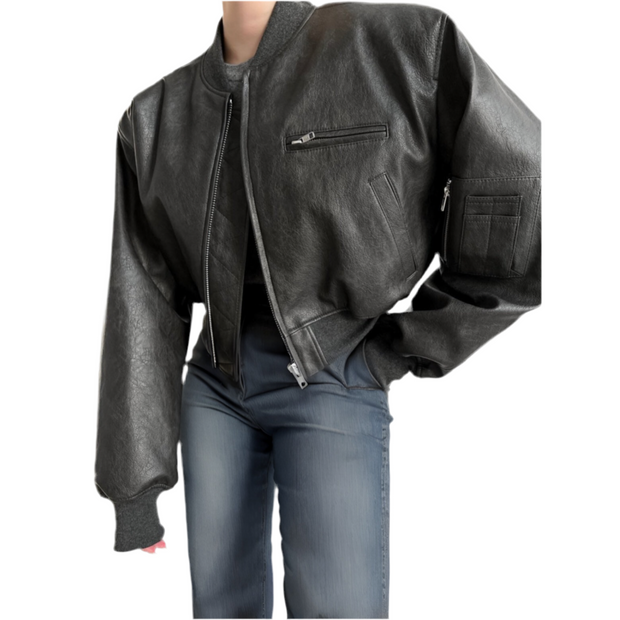 Vegan Leather Cropped Bomber Jacket